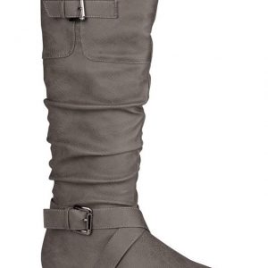 MID CALF HIGH BOOTS - GREY - Women's Grey Faux Leather Slouchy Buckle Strap Mid Calf Boots  SIZE: 10