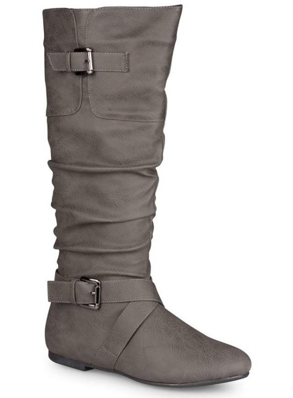 MID CALF HIGH BOOTS - GREY - Women's Grey Faux Leather Slouchy Buckle Strap Mid Calf Boots  SIZE: 10