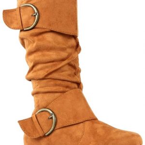 MID CALF HIGH BOOTS - TAN - Womens TAN Mid Calf Round Toe Twin Buckle Slouchy Boots