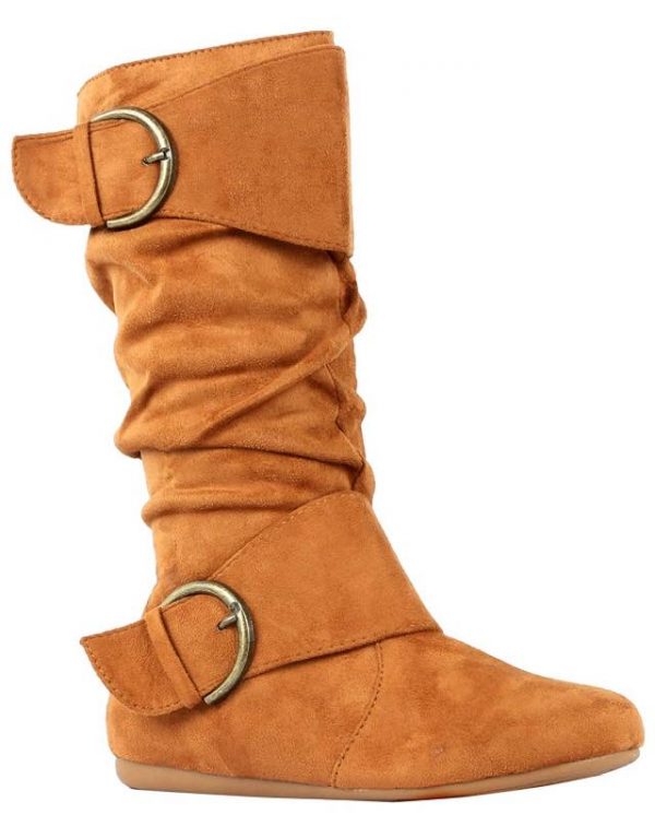 MID CALF HIGH BOOTS - TAN - Womens TAN Mid Calf Round Toe Twin Buckle Slouchy Boots