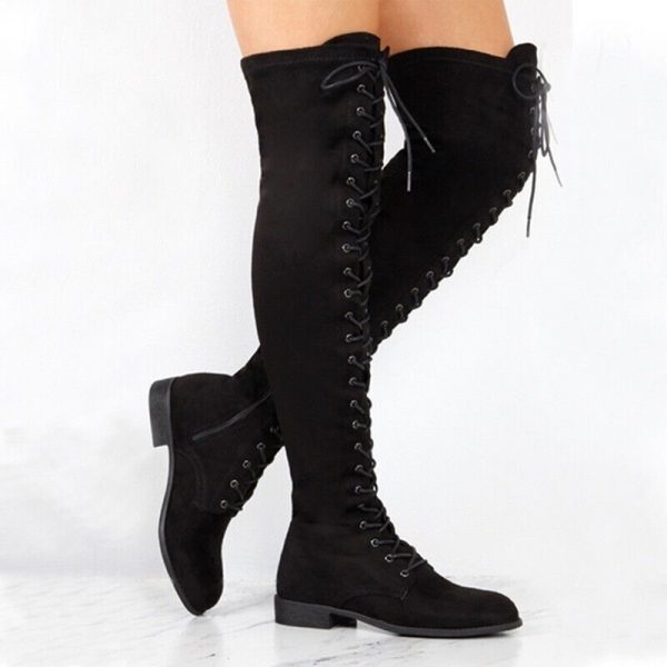 OVER KNEE BOOTS – BLACK – Women Black Lace Up Side Zip Over The Knee Boots