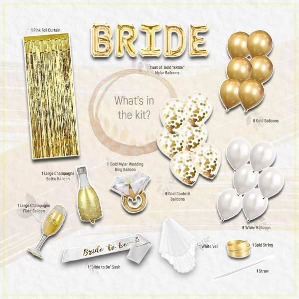PARTY DECORATIONS – Bachelorette Party Bridal Shower Decorations with Bride to be Sash, Gold Backdrop curtains, Balloons, and Veil - GOLD Kit - Image 2