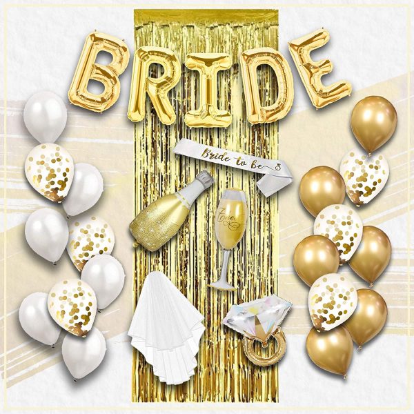 PARTY DECORATIONS – Bachelorette Party Bridal Shower Decorations with Bride to be Sash, Gold Backdrop curtains, Balloons, and Veil - GOLD Kit