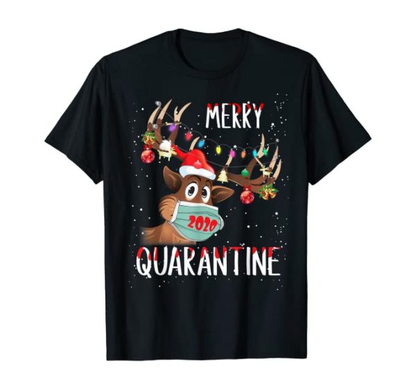 Christmas T-Shirt - Merry Quarantine Christmas 2020 Reindeer Mask Pajamas Family T-Shirt SIZE: SMALL