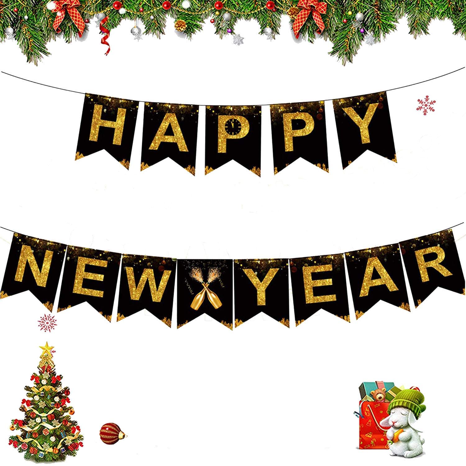 PARTY DECORATIONS - Happy New Years Eve Party Banner Decoration - Black and Gold - Image 3