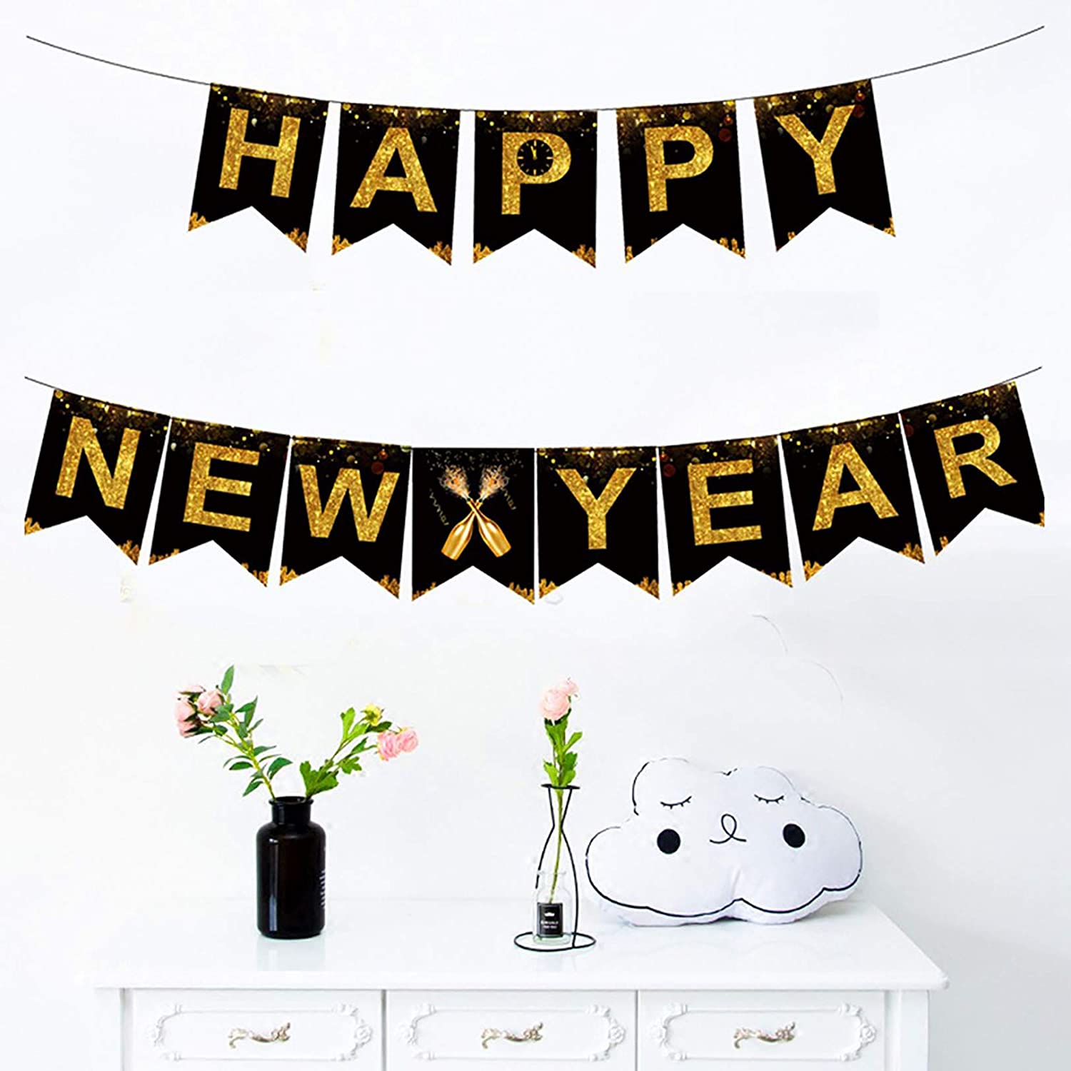 PARTY DECORATIONS - Happy New Years Eve Party Banner Decoration - Black and Gold - Image 4