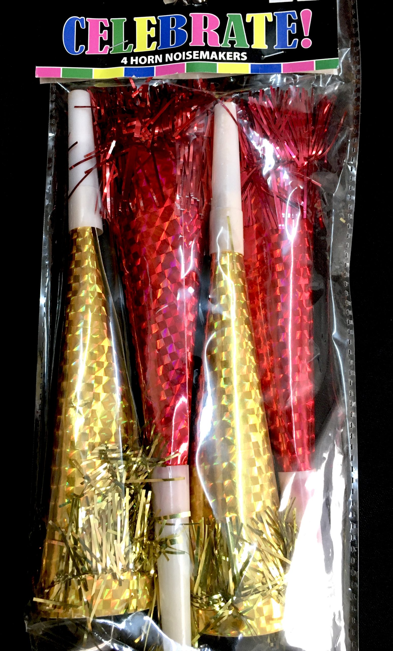 PARTY DECORATIONS - Happy New Years Eve Party Horn Noise Maker - GOLD-RED 4pk