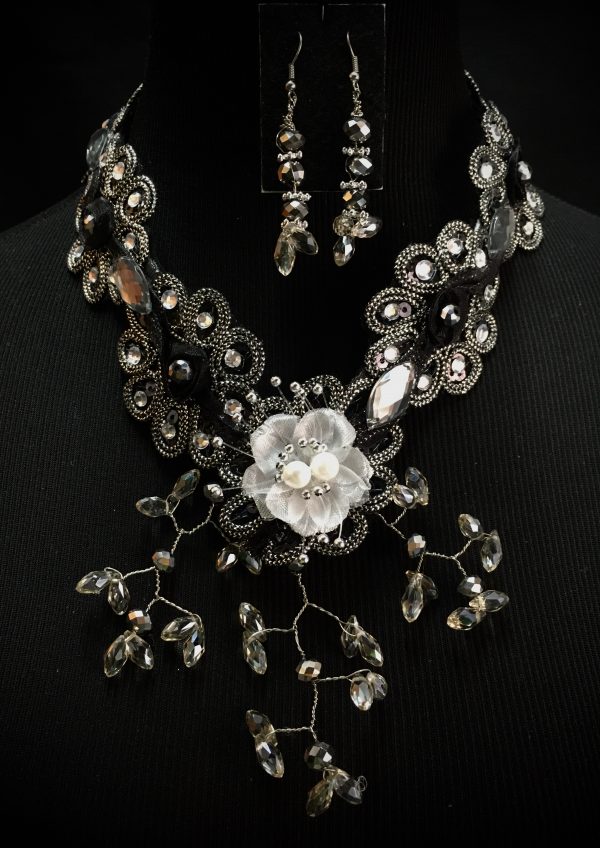 Necklace Set - Custom made Clear-Grey Rhinestone/Black Floral Earring and Necklace Set