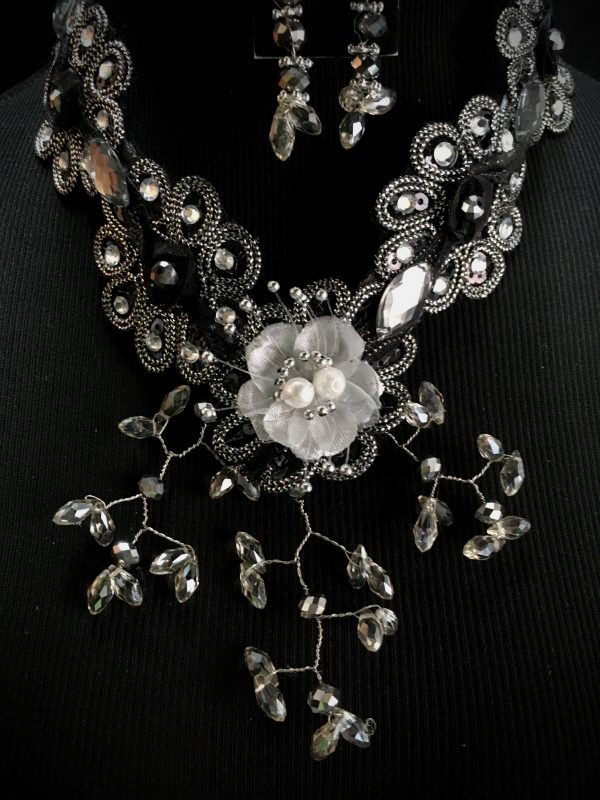 Necklace Set - Custom made Clear-Grey Rhinestone/Black Floral Earring and Necklace Set - Image 2