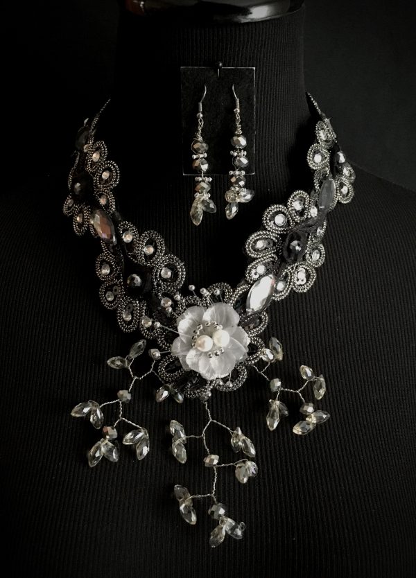 Necklace Set - Custom made Clear-Grey Rhinestone/Black Floral Earring and Necklace Set - Image 3