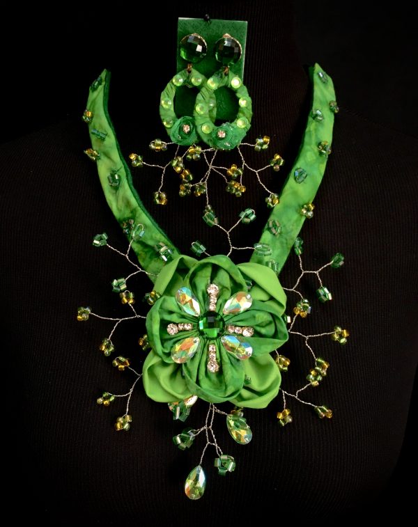 Necklace Set - Custom made Green Rhinestone/Floral Earring and Necklace Set