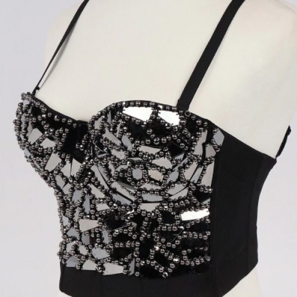 CORSET BUSTIER CROP TOP – HAND SEWN BLACK Beaded Mirror Sequins Crop Top