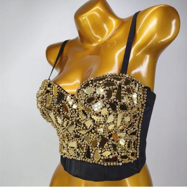 CORSET BUSTIER CROP TOP – HAND SEWN GOLD Beaded Diamond Mirror Sequins Crop Top