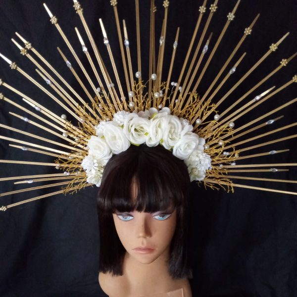 Custom made Oshun Goddess Headpiece - GOLD with white pearls Rhinestone and CREAM Flowers - Image 3