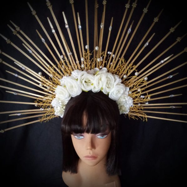 Custom made Oshun Goddess Headpiece - GOLD with white pearls Rhinestone and CREAM Flowers