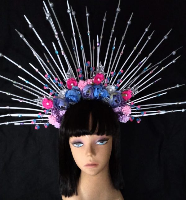Custom made Oshun Goddess Headpiece - SILVER with beaded spray rhinestones + Flowers - Image 2