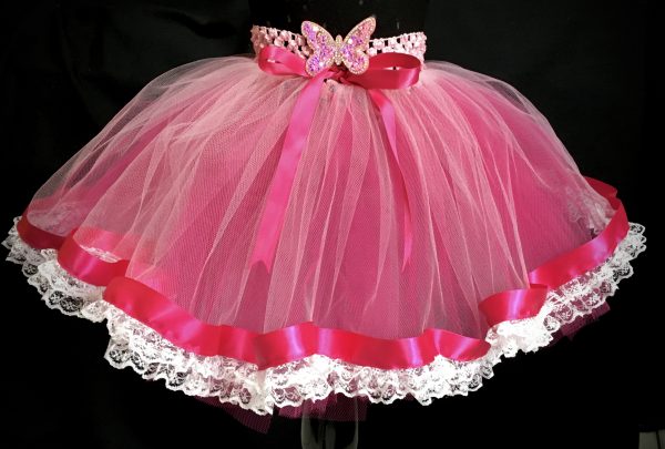 CUSTOM MADE Child tutu – Girls Fuchsia Pink/White Lace and Ribbon trim Tutu Fits up to 4yrs