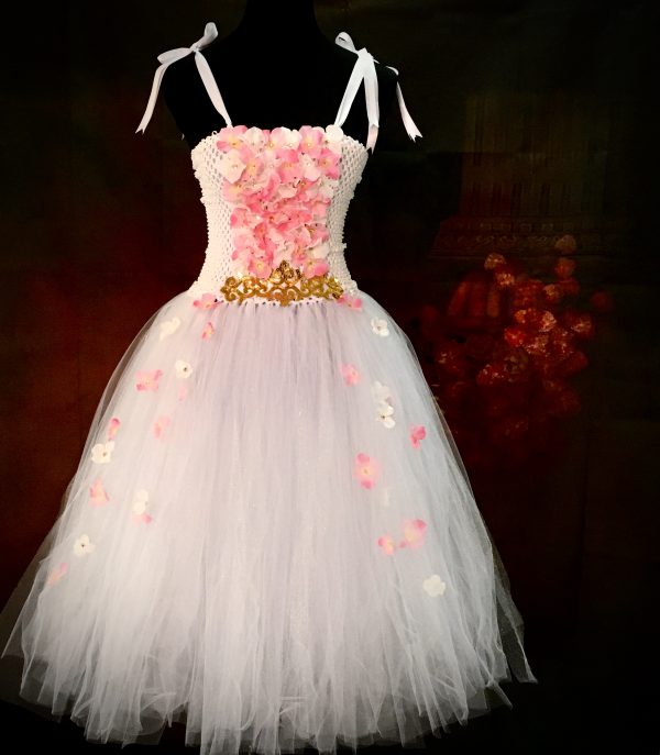 CUSTOM MADE Child Tutu Gown – Girls White Pink Floral Sparkle Tutu Gown - Image 2