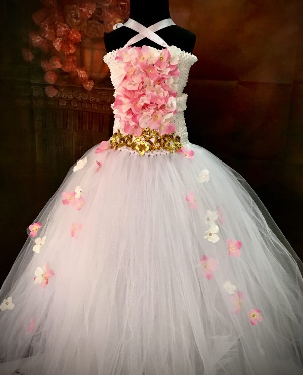 CUSTOM MADE Child Tutu Gown – Girls White Pink Floral Sparkle Tutu Gown
