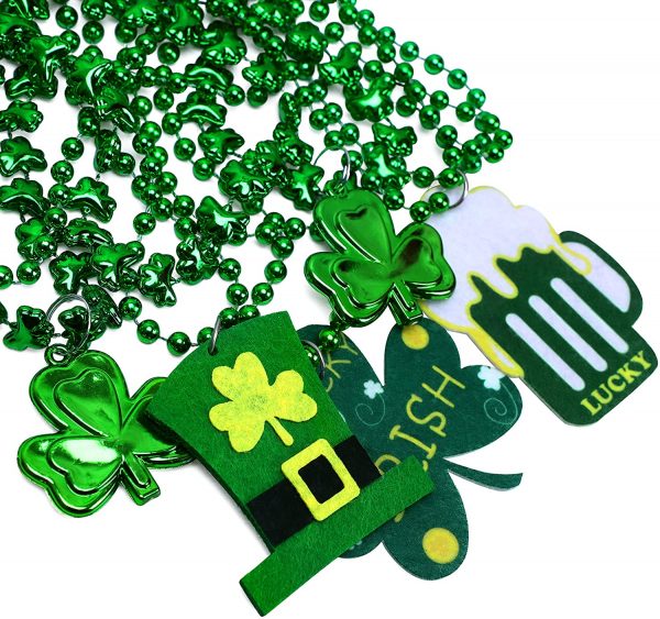 Mardi Gras Throw Beads - 17-18.8 inches in diameter - St. Patrick's Day Shamrock Necklace - GREEN - 4pk