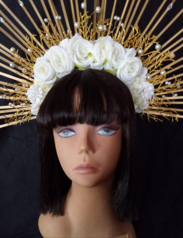 Custom made Oshun Goddess Headpiece - GOLD with white pearls Rhinestone and CREAM Flowers - Image 2
