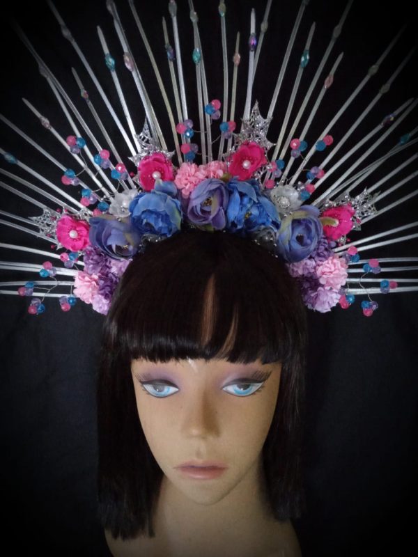 Custom made Oshun Goddess Headpiece - SILVER with beaded spray rhinestones + Flowers - Image 4