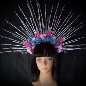 Custom made Oshun Goddess Headpiece - SILVER with beaded spray rhinestones + Flowers