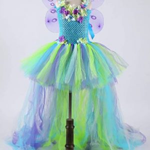 Child Tutu Dress – Long Train Fairy Princess Dress for Girls 7-8Y with Wings Set
