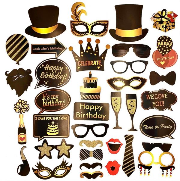Photo Booth Prop - BIRTHDAY - Party Photo Booth Props GOLD/BROWN - 35Pcs