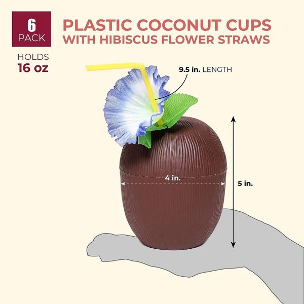 16 Ounce Plastic Coconut Cups with Straws - 6 pack - Image 3