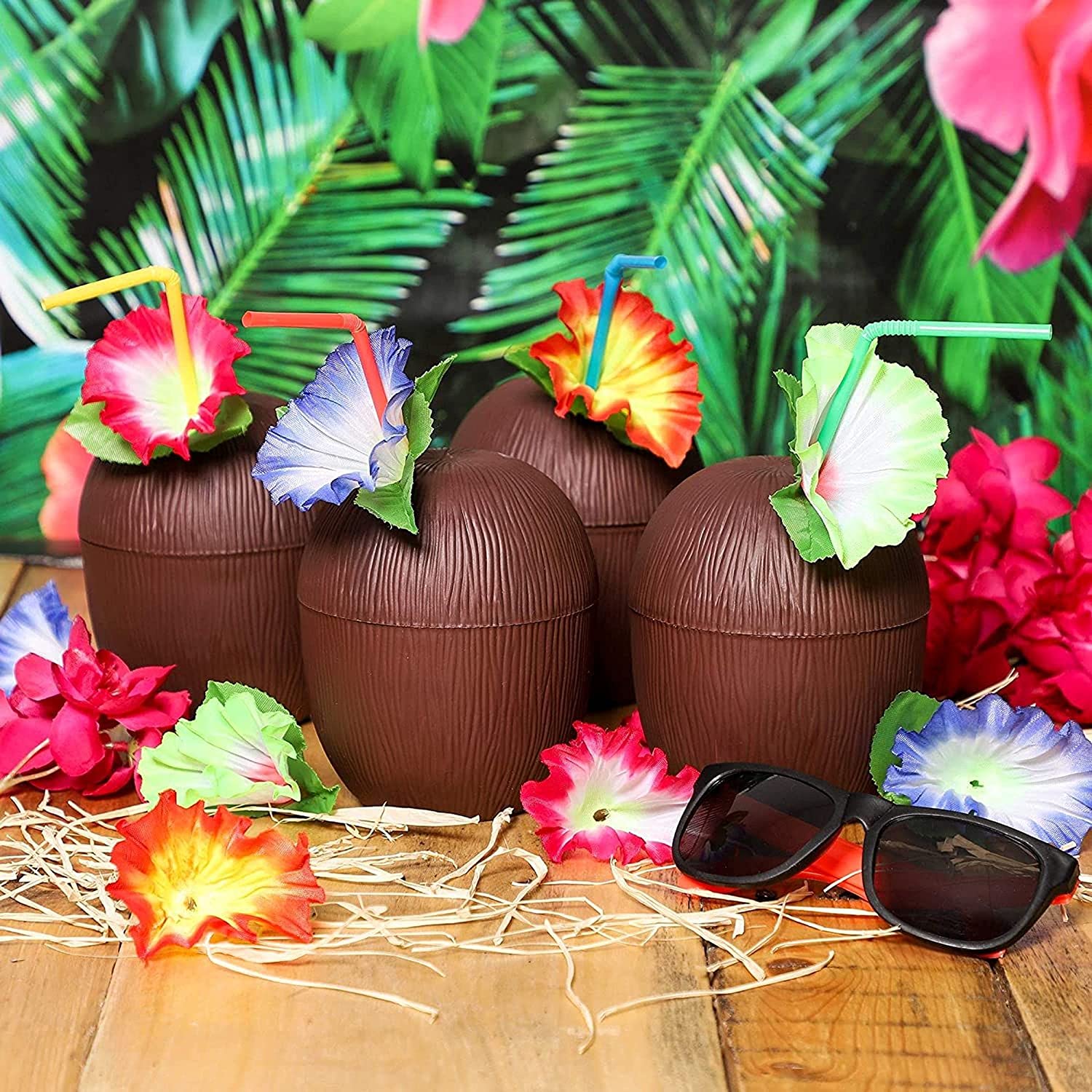 16 Ounce Plastic Coconut Cups with Straws - 6 pack - Image 2
