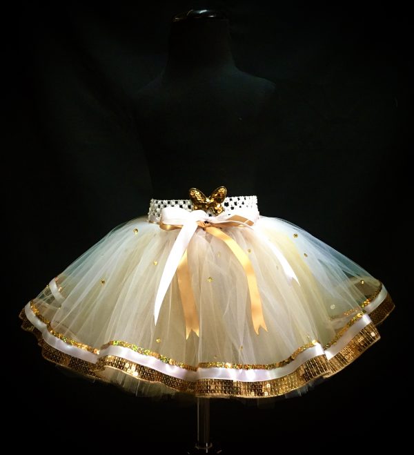 CUSTOM MADE Child Tutu – TODDLER Gold-White Ribbon Sequin Trim Tutu fits up to 3yrs