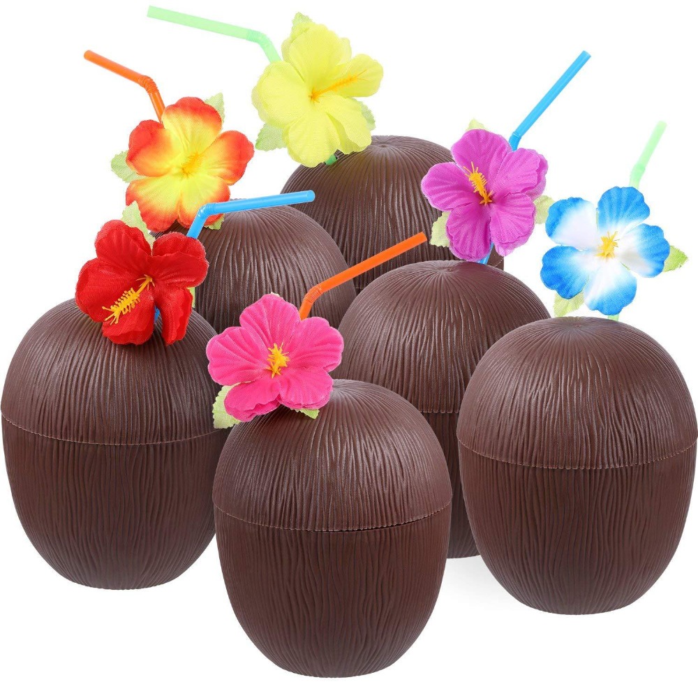 16 Ounce Plastic Coconut Cups with Straws - 6 pack