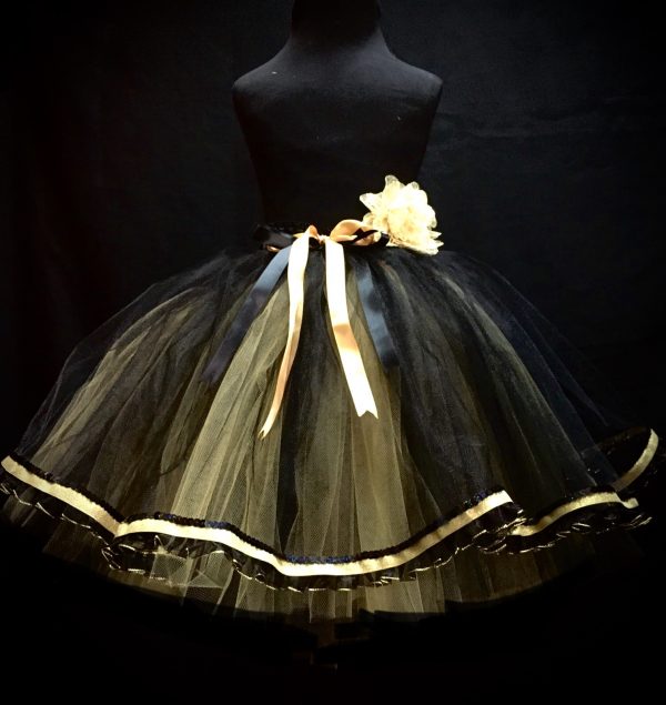 CUSTOM MADE Child tutu – Girls Gold/Black medium length Ribbon Tutu Fits 6-8yrs