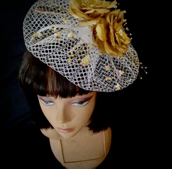 FACINATORS – CUSTOM MADE Floral Fascinator - Gold and White - Image 2