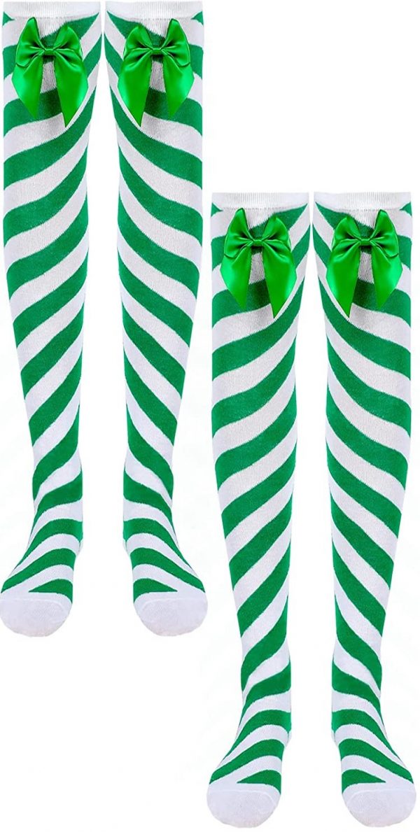 SOCKS - GREEN-WHITE Women's/Girl's Candy Cane Stripe Spearmint Over Knee Christmas Socks