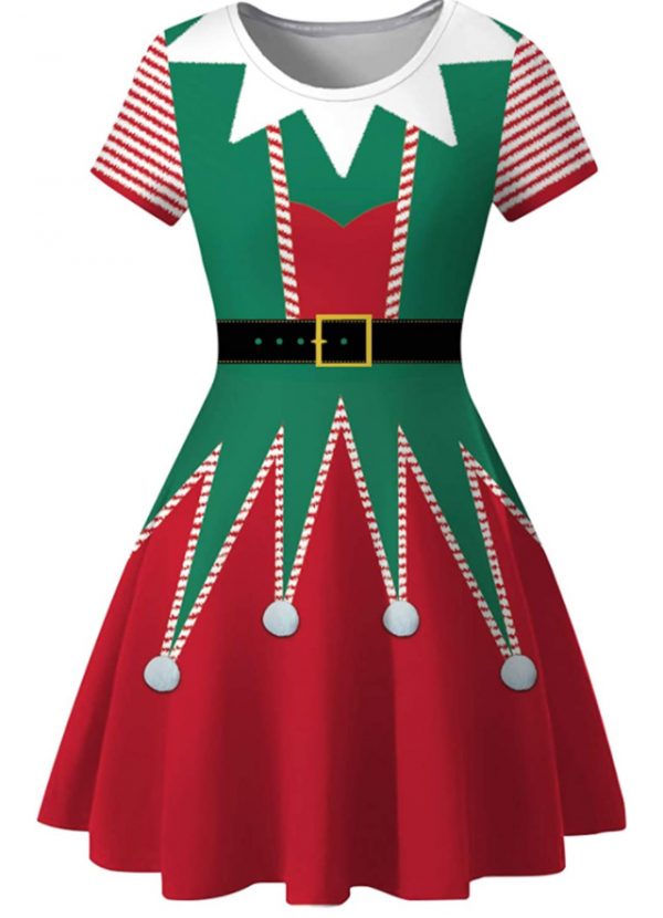 Christmas Women's Short Sleeve Casual A-Line Christmas Elf Dress SIZE: LARGE