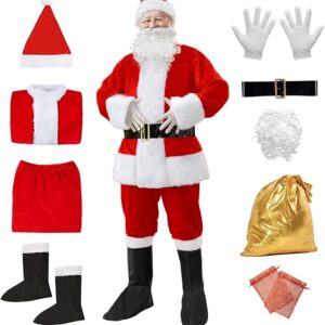 CHRISTMAS COSTUME - MEN - Plush Velvet Flannel Adult Santa Claus Christmas Suit (9PCS) SIZE: ONE SIZE