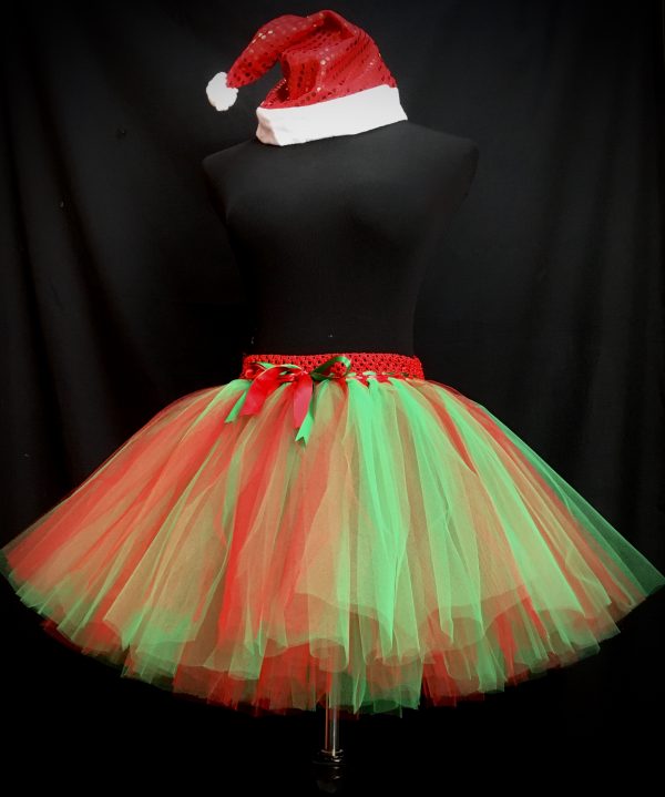 ADULT TUTU – CUSTOM MADE Adult Extra Fluffy Green-Red Medium Length Christmas Elf Tutu