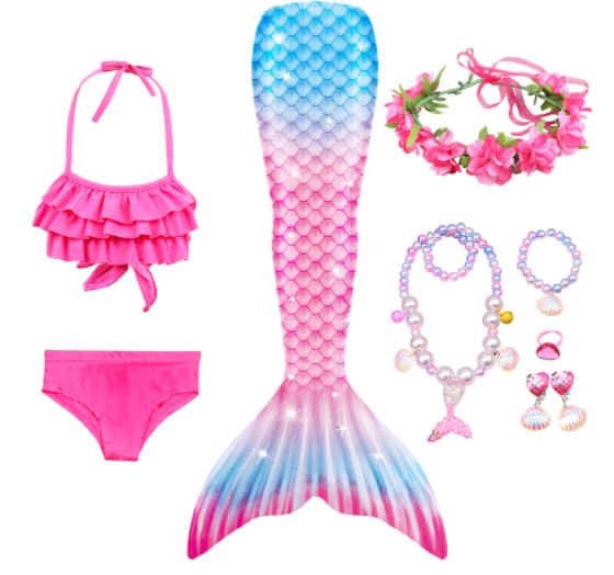 Mermaid Costume Bathing suit for Girls - 9 Pcs Girls Swimsuit Mermaid Tails Princess Bikini Bathing Suit Set - PINK-BLUE