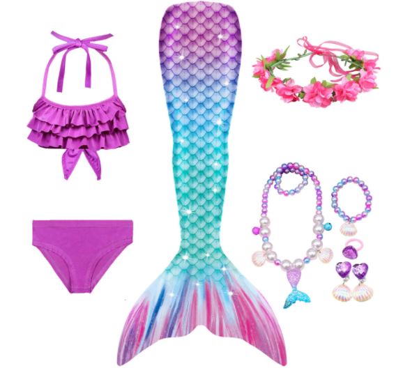 Mermaid Costume Bathing suit for Girls - 9 Pcs Girls Swimsuit Mermaid Tails Princess Bikini Bathing Suit Set - PURPLE-BLUE