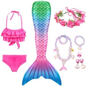 Mermaid Costume Bathing suit for Girls - 9 Pcs Girls Swimsuit Mermaid Tails Princess Bikini Bathing Suit Set - RAINBOW SIZE: 110 (X SMALL) 3-4