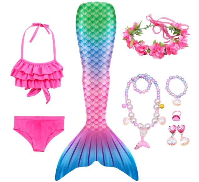 Mermaid Costume Bathing suit for Girls - 9 Pcs Girls Swimsuit Mermaid Tails Princess Bikini Bathing Suit Set - RAINBOW SIZE: 110 (X SMALL) 3-4