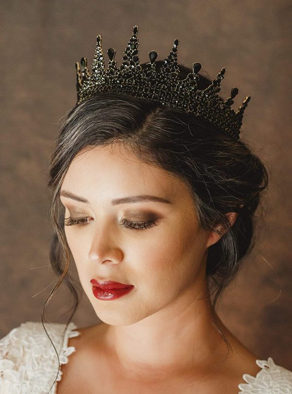 BLACK  CROWNS - Black Jeweled Baroque Tiara Crown for Women - Image 3