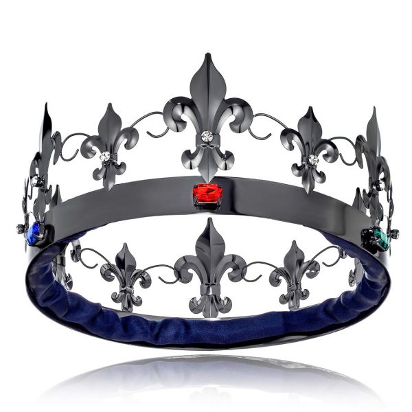 Men BLACK Fleur De Lis Jeweled King Crown - Image 2