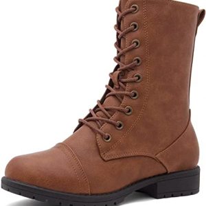 COMBAT BOOTS - COGNAC - Ankle Lace Up Military Combat Booties Mid Calf Boots SIZE: 10
