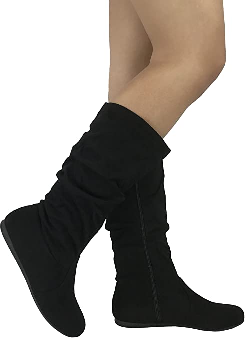 MID CALF HIGH BOOTS - BLACK- BLACK Slouch Mid Calf Zipper Round Toe Suede Boots - Image 3