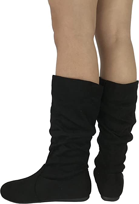 MID CALF HIGH BOOTS - BLACK- BLACK Slouch Mid Calf Zipper Round Toe Suede Boots - Image 2