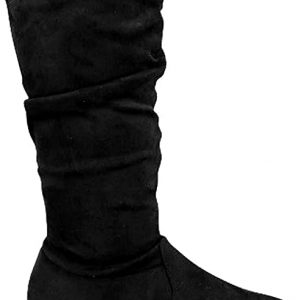 MID CALF HIGH BOOTS - BLACK- BLACK Slouch Mid Calf Zipper Round Toe Suede Boots