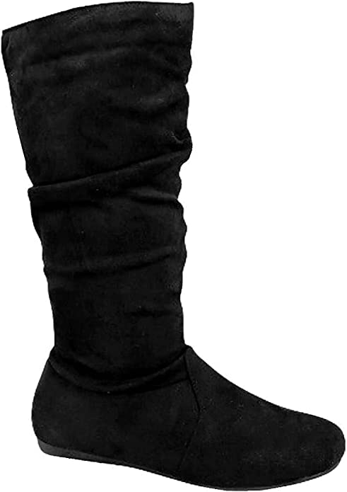 MID CALF HIGH BOOTS - BLACK- BLACK Slouch Mid Calf Zipper Round Toe Suede Boots